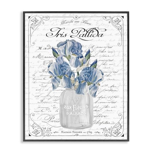 Delicate Iris Bouquet French Script, 11 x 14 Inch Framed Giclée Print