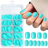 AddFavor Short Press on Nails Square Round Short Fake Nails Glossy Full Cover Acrylic Artificial Glue on Nails for Women, 240pcs/pack Turquoise Nails, Sticky Tabs, Nail File
