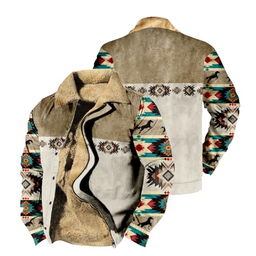 Cowboy Western Jackets for Men Long Sleeve Aztec Sherpa Fleece Lined Zip Up Ethnic Fashion Big And Tall Warm Coat