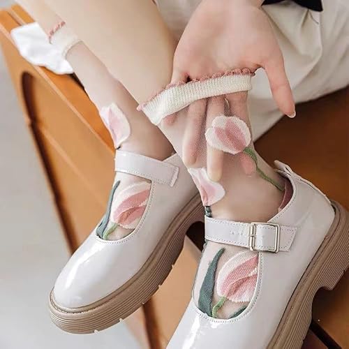 Aufona 6 Pairs Vintage Sheer Socks, Cute Floral Thin Socks, Mesh Lace Elastic Jacquard Glass Silk Socks For Women Girls (6 Pairs[2 Lily1/ 2Lily 2/2 Lily 3]) #TOP2