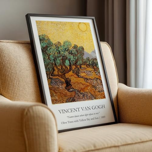 Image of Waltractive Vincent Van Gogh Paintings Framed Poster with Beautiful Quotes - Available in 33x22 and 48x33 CM - Classic Art Poster with sleek Black Frame - Elegant Home and Office Decor (Olive Trees with Yellow Sky and Sun, 9x13 Inch, Framed)