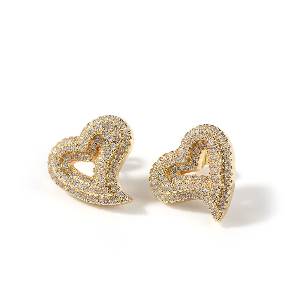 Iced out Cubic Zirconia Heart Stud Earrings for Women Sensitive Ear Dainty Trendy 925 Sterling Silver Post Sparkly Diamond Hollow Heart Hypoallergenic