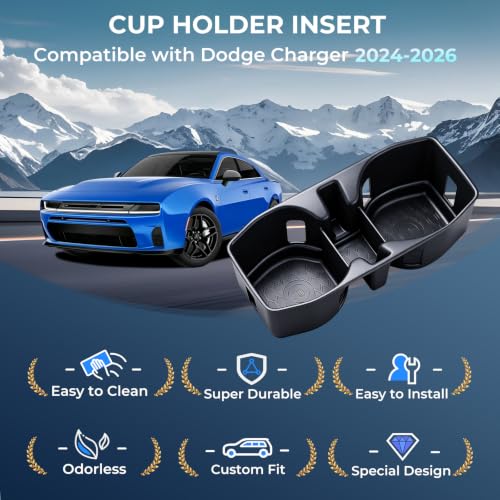 Image of Center Console Cup Holder Inserts for Dodge Charger 2026 2025 2024, Interior Accessories TPE Car Cup Holders Covers Protector, Black