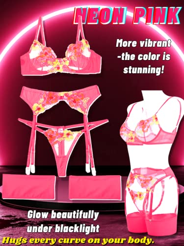 Kaei&Shi Floral Embroidered, Underwire, G-String, Garter Belt, 4 Pieces Lingerie3