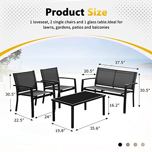 Rankok 4 Pieces Patio Furniture Set Modern Patio Conversation Sets Textilene Outdoor Furniture Patio Chairs Set Of 4 With Loveseat Coffee Table For Porch Lawn Pool And Balcony (Black) #TOP6