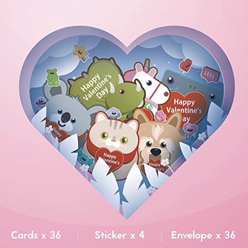 36-Pack Kids Valentine's Day Cards, Valentine Cards For Classroom Exchange, V Day Cards With Envelopes And Stickers, 36 Die-Cut Shapes, Double Sided Prints, 6 Animal Designs, 3.25 X 4.5 Inches #TOP1