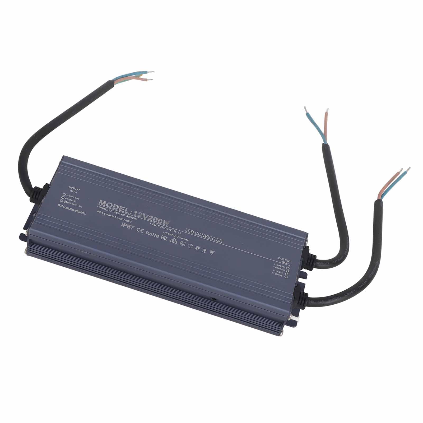 Wodoodporny Zasilacz 200W IP67 o Stałym Napięciu (12 V) | Obudowa ze Stopu Aluminium, Sterownik LED do Pasków i Szyldów, Przewód Zasilający z Rdzeniem Miedzianym, Kamery i Sprzęt