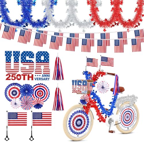 PLATT 4th of July Bike Decorations Set Patriotic Bicycle Parade Decoration Kit with American Flags Streamers Tinsel Garlands Paper Fans and Wheel Decor Red White Blue Accessories for Kids Bike Scooter Wagon