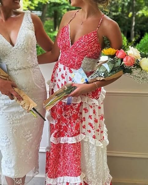 Image of Women Y2k Floral Smocked Maxi Dress Bow Tie Shoulder Tiered Ruffle Midi Sun Dress Boho Casual Beach Long Dresses
