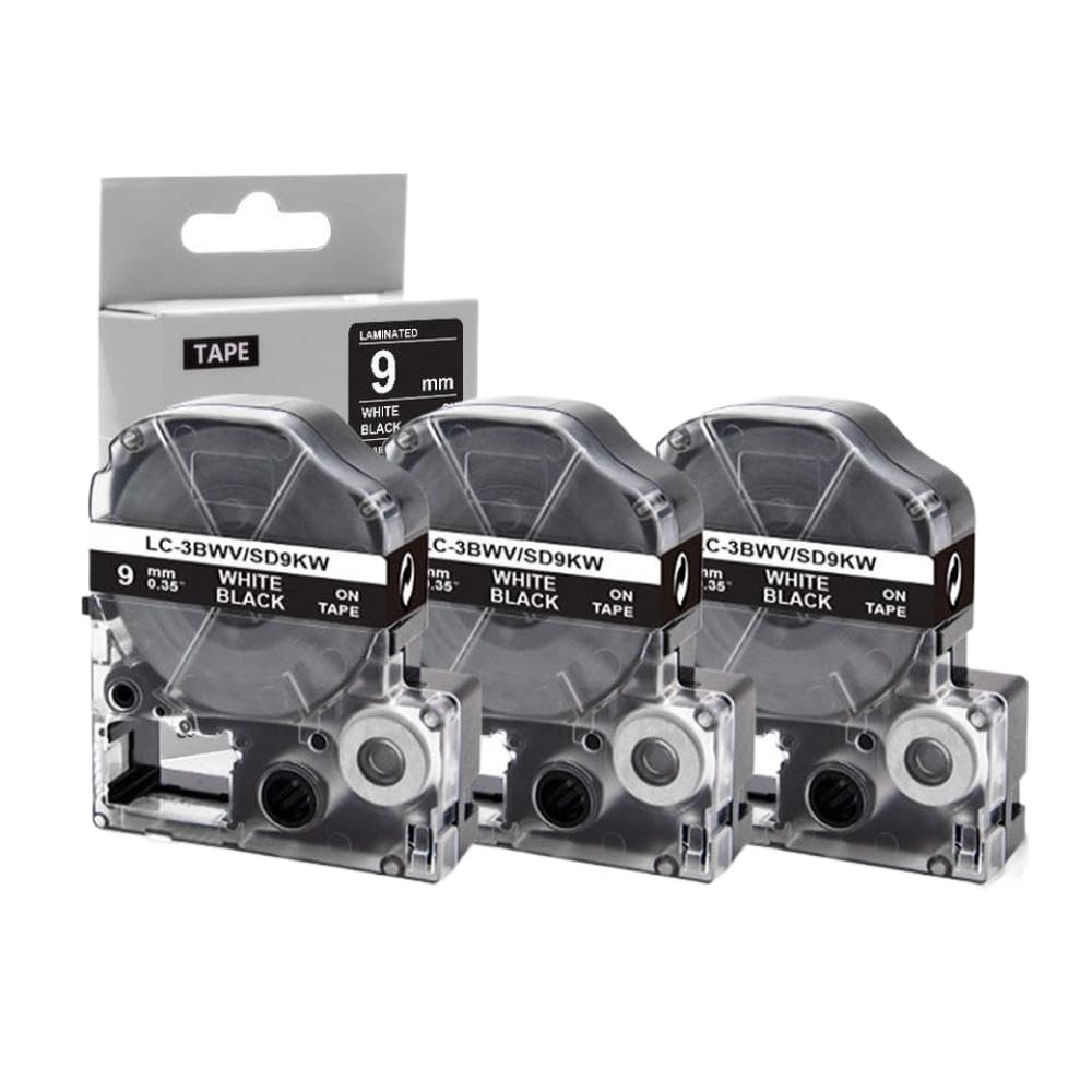 3PK Cinta SD9KW de 9 mm, Blanca sobre Negra, Compatible con la rotuladora SD9KW LK-3BWV LW-300 LW-400
