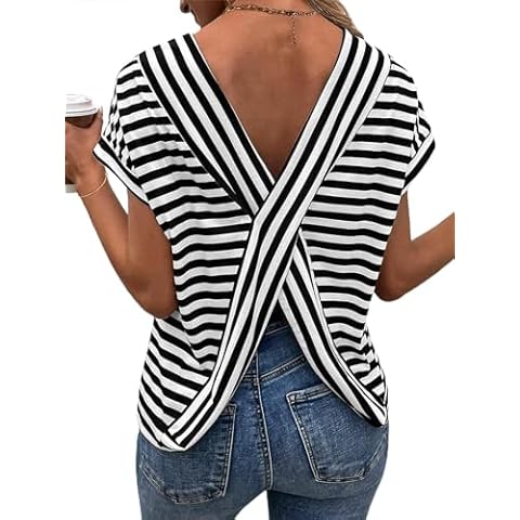 LilyCoco Womens Striped Open Back Tops Criss Cross Back Batwing Sleeve T Shirt Black and White Medium Cover
