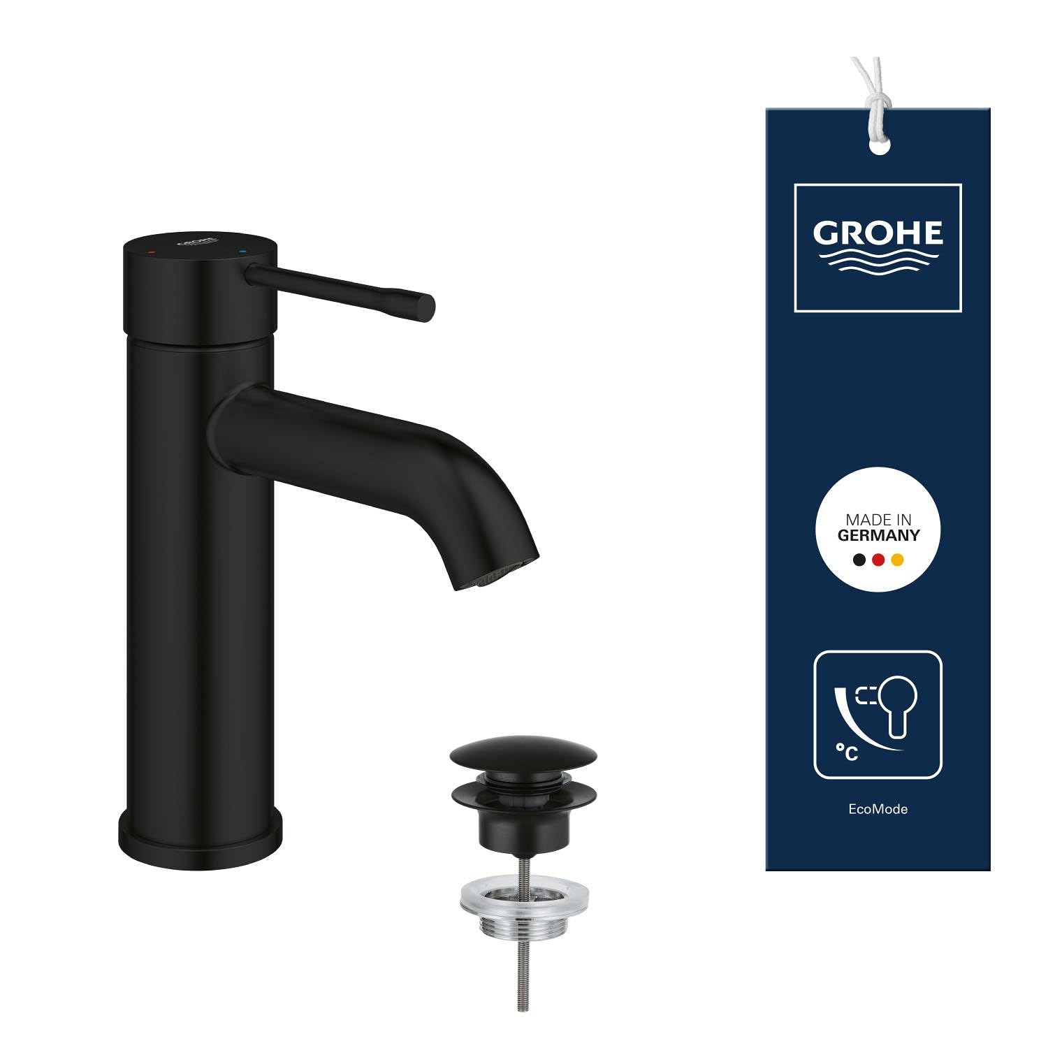 GROHE Essence – Grifo Monomando de Lavabo con Vaciado Push-Open (Tamaño S 208 mm, Palanca Metálica, Cartucho Cerámico 28 mm, Ahorro de Agua y Energía, Flexibles 3/8"), Negro Mate, 237972431