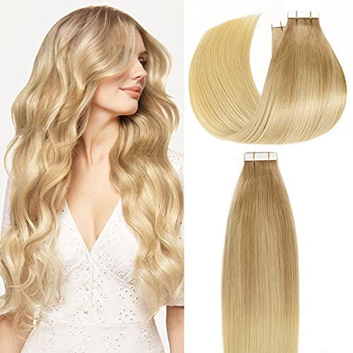 Lacerhair 14 Inches 20 Pieces 50 Grams Virgin Remy Tape in Extensions Invisible Balayage Color #12/613 Golden Brown with Bleach Blonde Brazilian Unprocessed Virgin Human Hair Remy Tape in Extensions