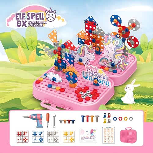 Image of Cable World Space Theme Creative Drill Set - 2-in-1 3D Building Blocks & 2D Puzzle - STEM Educational Construction Toy with Screwdriver & Portable Case for Kids 3+ Ideal for Gifting Unicorn Design