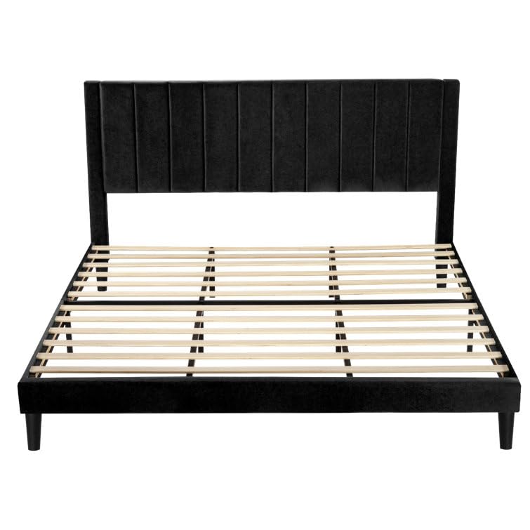 Image of HITHOS Modern Upholstered King Size Bed with Wingback Headboard | Wooden Double Bed Cot Palang Without Storage for Living Room Home Bedroom (Black) 1 Year Warranty