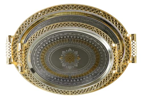 Middle Eastern Iranian Persian Turkish Serving Tea Fruit Nuts Tray 2-Piece Set 17"+14" Oval Silver Gold Plated Stainless Steel