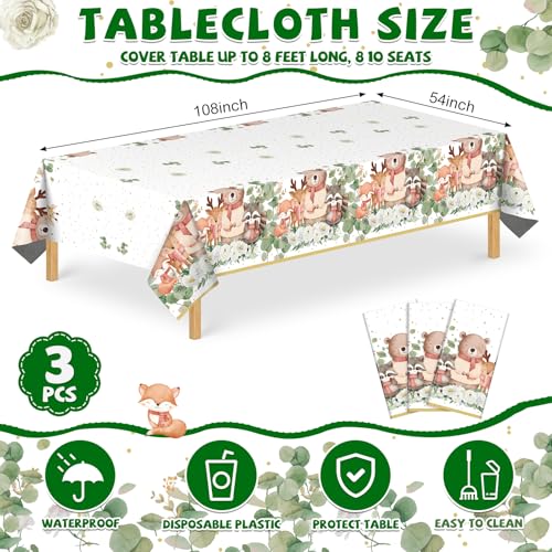 Image of 3 Pack Plastic Safari Baby Shower Tablecloth, 54 x 108 Inch Disposable Woodland Forest Animal Neutral Gender Reveal Party Eucalyptus Leaves Table Cover for Forest Birthday Friendship Party Decor