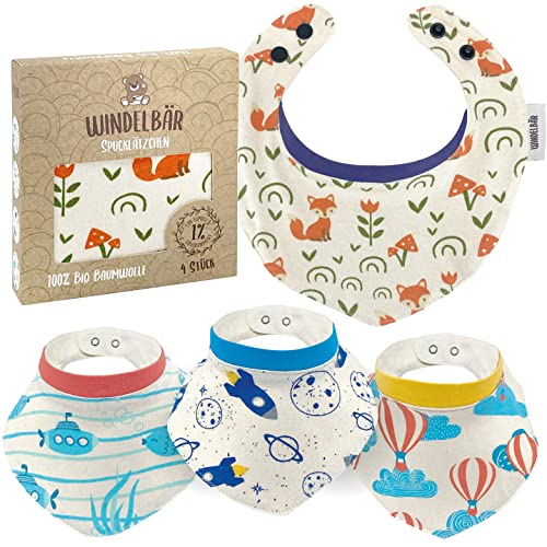 Windelbär Lätzchen – größenverstellbare Baby Lätzchen, aus 100% Bio Musselin-Baumwolle, GOTS & ÖKOTEX zertifiziert, Baby Erstausstattung, 4er Set