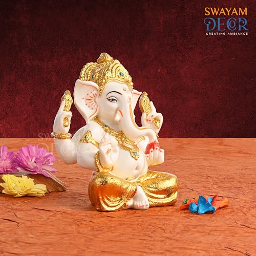 Image of Creating Ambiance Polyresin Marble Ganesh Idol, Vinayaka Statue | Auspicious Ganpati Murti for Living Room & Home Decor - Ganesh Idol for Diwali - Gold & White (7 inch 01)