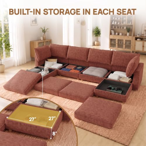Image of 128 inch Chenille Modular Sofa Bed with Washable Covers & Storage, 6-Seater Modular Sectional Sleeper Sofa Bed with Movable Ottoman Chaise, Convertible Sleeper Sectional Couches for Living Room, Orange