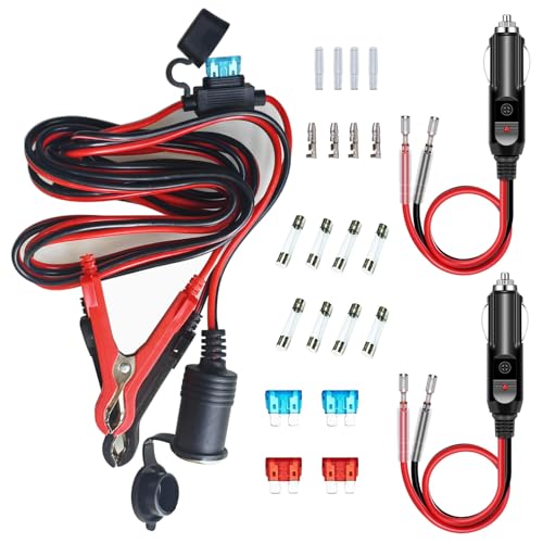 GTIWUNG Cable Encendedor Cigarillos 12V/24V Clip-on Terminal de Bateria,Pinzas Coche Bateria Pinzas Cocodrilo Bateria Encendedor de Cigarrillos 16AWG 3.1M con Fusible 10A/15A+2PCS Cable Conector Macho