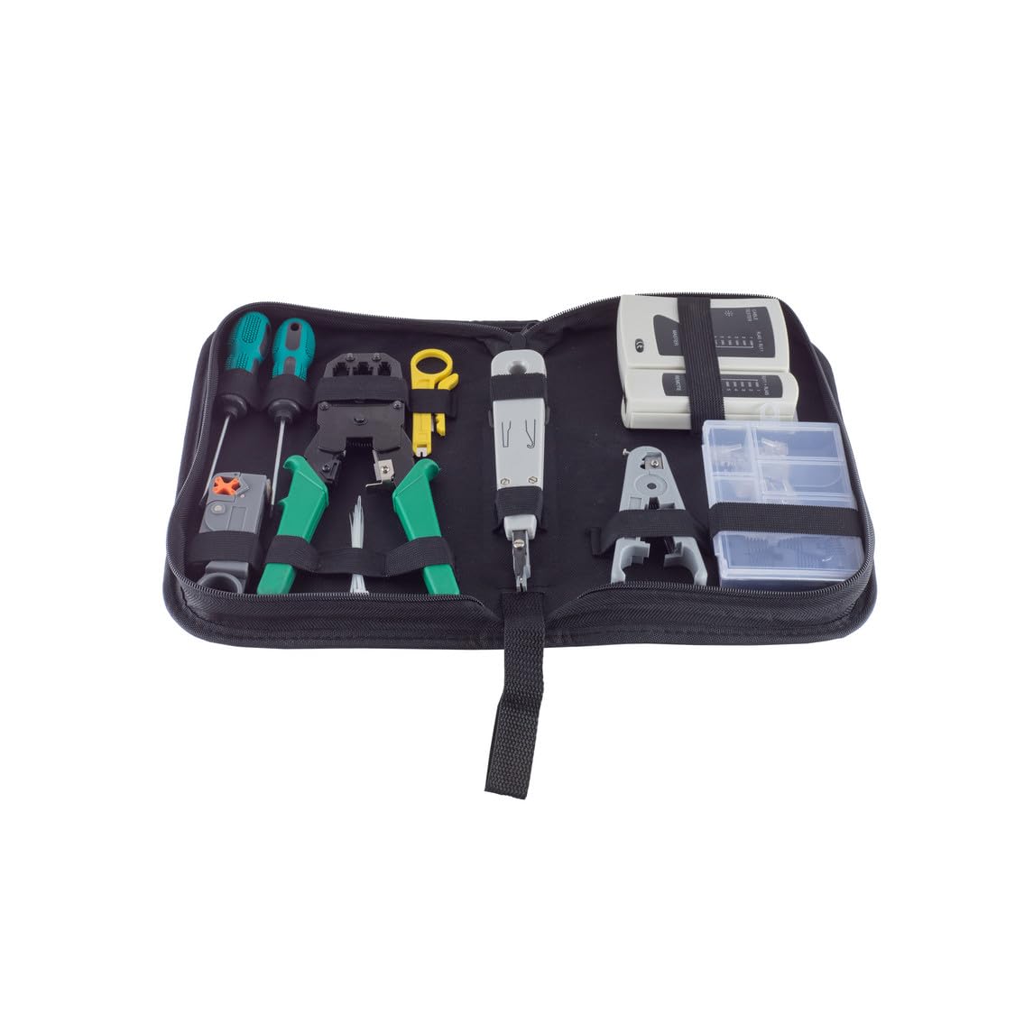 10-tlg. Netzwerk-Werkzeugset mit Tasche - RJ-45/12/10 Crimpzange, LAN-Tester mit Sweep Mode, LSA-Werkzeug, Schraubendreher, Kabelbinder, für Heimnetzwerke und SOHO