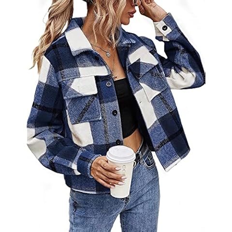 Cow & Meow Women's Leisure Fashion Cropped Cotton Blended Plaid Shacket Long Sleeved Button Up Short Jacket Blue XL Cover
