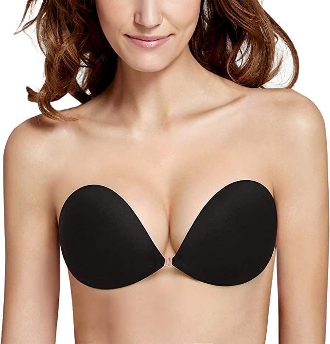 rozadio Comfort & Support Women's & Girl's Strapless Push-Up Wire-Free Stick-On Invisible Bra with Breathable Fabric, Reusable Design(1 Pair) Black-picture-11