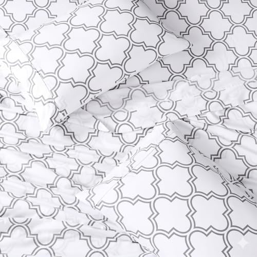 Image of LANE LINEN 100% Organic Cotton Bedsheet for Double Queen - Trellis Silver | GOTS Certified, Percale Weave, 90x100 inches, Soft & Breathable, Machine Washable, Includes 2 Pillow Covers