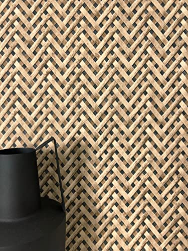 NEWROOM Papier peint Noir Rotin Intissé - Maison de Campagne Beige Marron Roseaux Tressé Scandinave