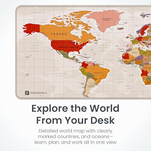 Image of Portronics Comfipad Atlas World Map Desk Mat 80x30cm Extended Mouse Pad with Anti-Slip Rubber Base, Stitched Edges, Smooth Fabric Surface, Waterproof, Rollable Desk Pad for Office, Gaming, Beige
