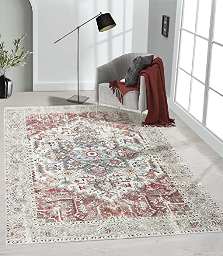 the carpet Elira - Tessuto piatto resistente, design moderno, effetto vintage, stampa digitale, in cotone orientale, 140 x 200 cm, colore: Crema