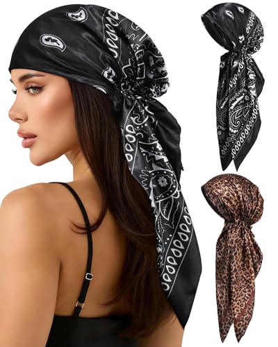 AWAYTR Pretied Head Scarf for Women - 2 Pack Chemo Patients Headwear Cancer Hair Loss Scarf Head Wrap Cover Hat Turban Cover (Leopard Print: Black + Leopard)