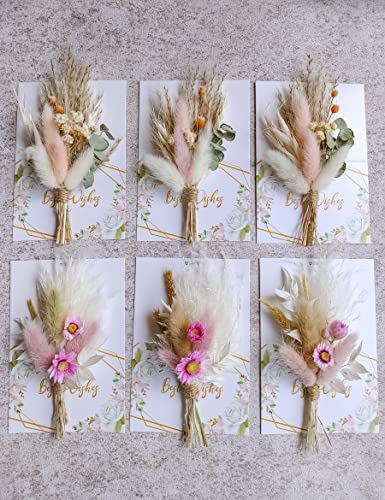Mini Dried Flower Bouquet Set Of 6, Boho Wedding Decor, Boutonniere For Men, Table Centerpieces, Birthday Cake Flowers,Personalized Bridesmaid Gift Box, Small Bottles Decoration.(White) #TOP3