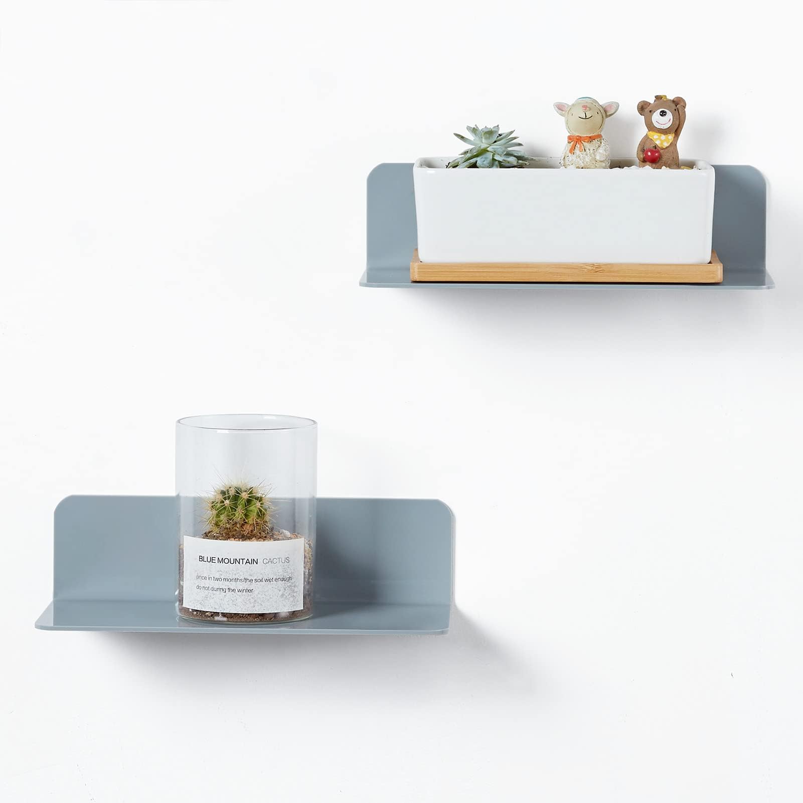 OAPRIRE Acrylic Floating Shelf Wall Mount 2 Pack, 9 Inch Small Adhesive Shelves for Children's Room, Bedroom, Bathroom, Kitchen with 4 Cable Clips, Easily Expand Wall Space - Grey