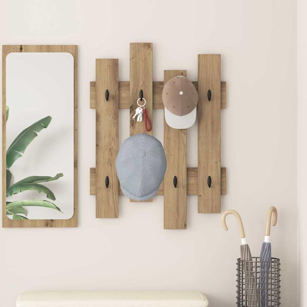 Wandmontiertes Garderobenregal Artisan Eiche Holzwerkstoff 60 x 3 x 82 cm, Haken Wandhalterung für Flur Büro, platzsparende Aufbewahrung für Mäntel Taschen Accessoires