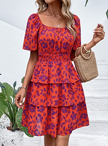 Image of PRETTYGARDEN Women's Summer Floral Ruffle Short Dress | Short Sleeve Square Neck, Flowy Tiered Hem, Fit and Flare, Flower Boho Dresses, Cute Beach Vacation Outfits, Fashion Clothing