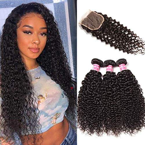 Jolia Hair 3 Bundles Virgin Brazilian Curly Hair Weaves with 1 Pieces 44 Free Part Lace Closure 100% Human Hair Weave Extensions (16 18 20+12)