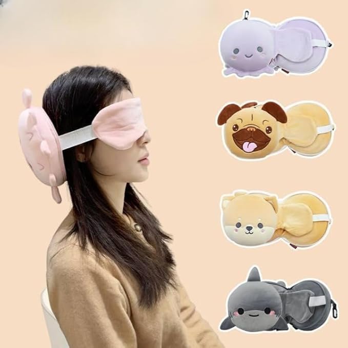 Image of Cute Plush Travel Neck Pillow & Sleep Eye Mask Set, Cartoon Animal U Shape Head Support Pillow for Kids & Adults, Portable Airplane, Car & Office Nap Cushion Multi Design