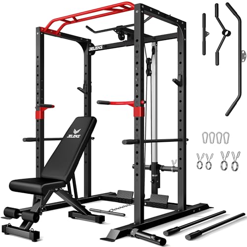 Image of JELENS S11 Power Cage, 2000LB Multi-Function Power Rack with LAT Pulldown, Squat Rack with Adjustable Pulley System and Training Attachments, Weight Rack for Home Gym