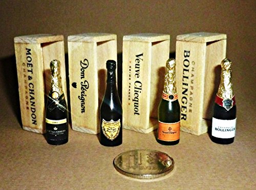 Dollhouse miniature 1:12 Champagne and wine. Champagne bottle in a wooden box.