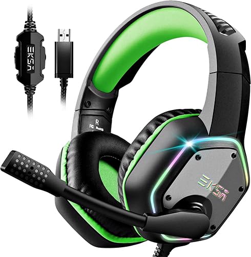 EKSA E1000 USB PC Gaming Headset mit Mikrofon, Gamer Headset mit Bass Surround Sound, RGB Beleuchtung, Gaming Kopfhörer mit Mic für PS4/PS5 Konsole/Computer/Laptop, Grün
