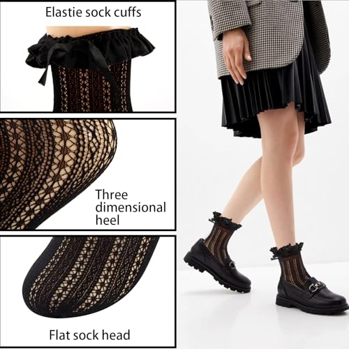 Image of Womens Lace Ankle Ruffle Socks - Lace Ruffle Frilly Mesh Cute Princess Ankle Dress Lace Bow Lace Socks for Girl,2 Pack