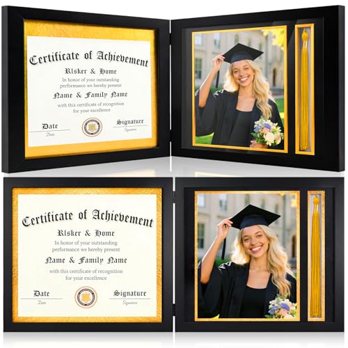 JMUQ 12x26 Foldable Diploma Frame with Tassel Holder for 8.5x11 Certificate & 8x10 Photo 2026 Graduation Frame with Black & Gold Double Mat HD Plexiglass for Wall or Tabletop Display Black