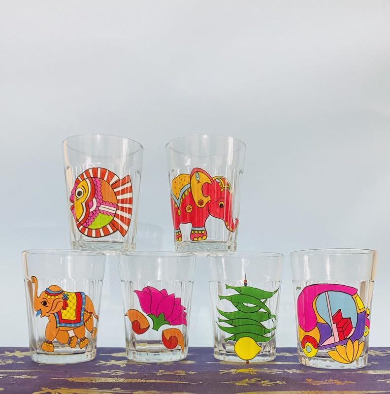 TOPSYTURVY Hand Crafted & Hand Designed Tapri Tea and Coffee Style Glass (Set of 6, 90ml Each) | Colourful Design Tapri Style Kulhad Cups | Cutting Chai Glasses Set 1