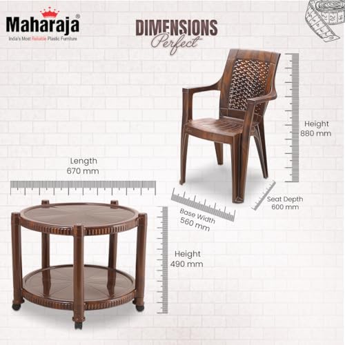 Image of MAHARAJA Classic Plastic Table & Chair Set | Elegant Design, Sturdy Build | Perfect for Home, Office & Garden Use (Teakwood, 2 Chair+1 Table)