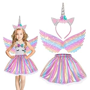 Hifot Disfraz Unicornio Niña 3 Piezas,Falda Tutu con Arcoiris Alas Disfraz Diadema,Disfraz Princesa Niña para Cumpleaños Carnaval Halloween