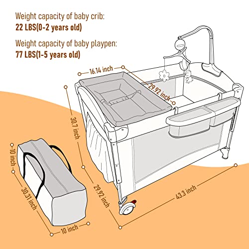 Image of Baby Bassinet Bedside Sleeper Baby Crib, Pack and Play with Bassinet and Changing Table, Portable Travel Baby Playpen with Bassinet Toys & Music Box, Mattress for Girl Boy Infant Newborn Gray