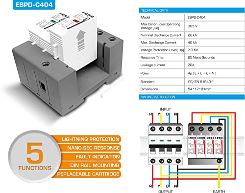 Image of EuroControls Surge Protective Device SPD 20 to 40kA,Type1+2, Phase + Neutral + Earth (4 Pole 385 Volt AC)