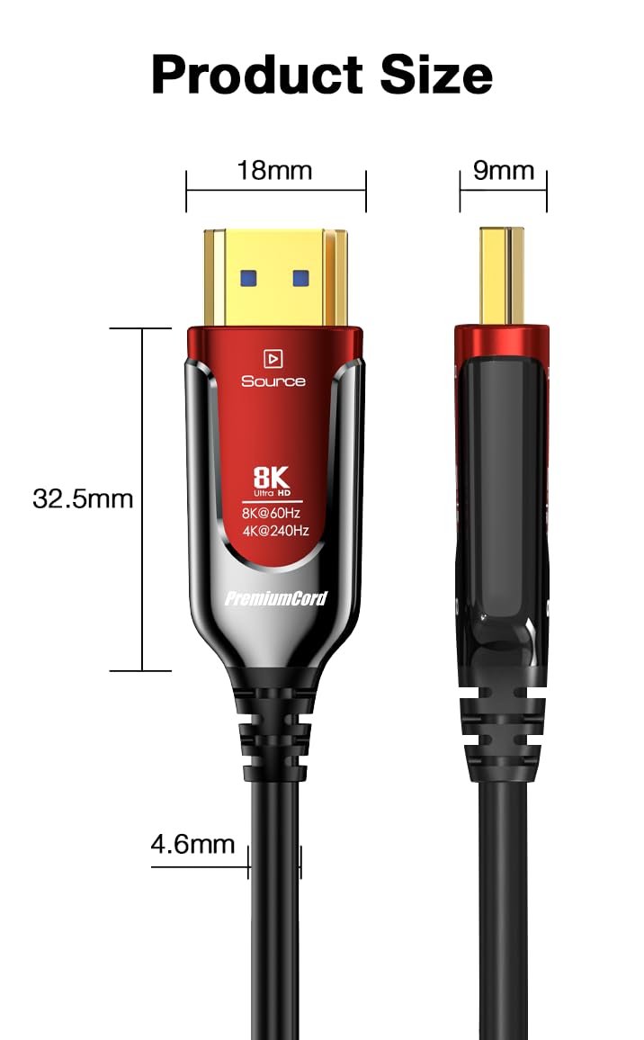 PremiumCord 8K Câble à Fibre Optique HDMI 2.1, Ultra High Speed 48 Gbit/s, 3D, EDID, ARC, HDR, Résolution 8K@60Hz 4320p, 4K@240Hz, Compatible PS5, Xbox X, PC, TV, Noir/Rouge, Longueur 30 m